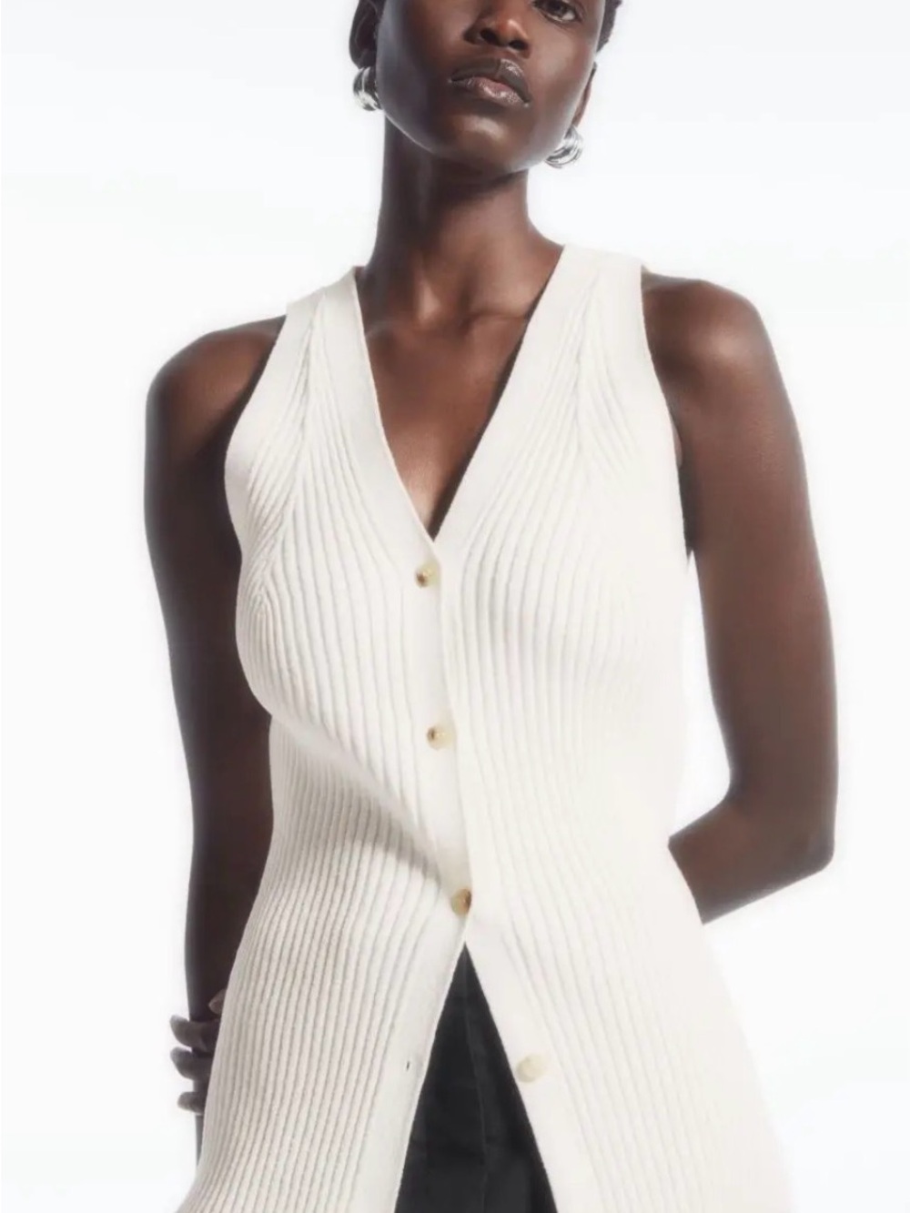 COS Ivory Rib Knit V Neck Vest XS | Longline Button Front